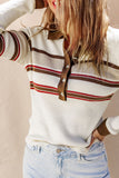 Patcute Half Button Contrast Stripe Long Sleeve Knit Top