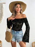 Patcute Off-Shoulder Flare Sleeve Lace Top