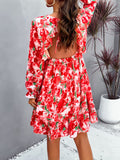 Patcute  Backless Printed V-Neck Flounce Sleeve Dress