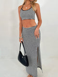 Patcute  Striped Halter Neck Top and Slit Skirt Set