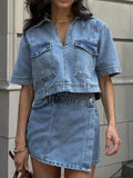 Patcute Collar Short Sleeve Top and Skort Denim Set