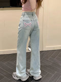 Patcute Sweet Blue Jeans for Women Bow Embroidery Straight Denim Trousers Y2k Vintage Korean Style Baggy High Waist Jeans Casual