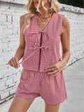 Patcute Lovelet Tied Plaid V-Neck Vest and Shorts Set