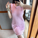 Patcute  Summer New French Celebrity Hook Flower Sleeveless Pink Thin Tank Top Knitted Dress Women