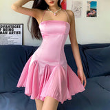 Patcute Summer Sexy Ladies One Word Neck Halter Tube Top Zipper Ruffle Slim Backless Dress Solid Pink Y2K