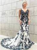 Patcute Mermaid Party Dress Handmade Embroidery Trumpet Prom Dress Black Lace White Embroidery Tulle Sweep Train فستان سهرة