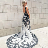 Patcute Mermaid Party Dress Handmade Embroidery Trumpet Prom Dress Black Lace White Embroidery Tulle Sweep Train فستان سهرة