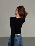 Patcute Square Neck Contrast Trim Long Sleeve Knit Shirt