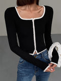 Patcute Square Neck Contrast Trim Long Sleeve Knit Shirt