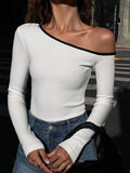 Patcute Contrast Trim Off Shoulder Long Sleeve Shirt