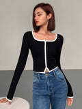 Patcute Square Neck Contrast Trim Long Sleeve Knit Shirt