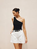 Patcute Contrast Trim One Shoulder Off Tank Top