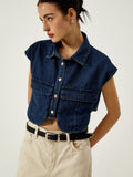 Patcute Denim Pockets Turn Down Collar Vest