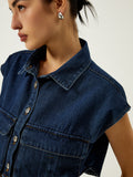 Patcute Denim Pockets Turn Down Collar Vest