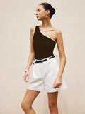 Patcute Contrast Trim One Shoulder Off Tank Top