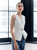 Patcute Cotton & Linen Metal Button Solid Vest