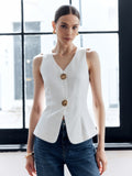 Patcute Cotton & Linen Metal Button Solid Vest