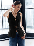 Patcute Cotton & Linen Metal Button Solid Vest