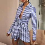 Patcute  Women Elegant Turn-Down Collar Folds Party Dress Casual Striped Ladies Mini Shirt Dresses Autumn Long Sleeve Slim Fit Vestidos