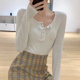 Patcute Women's Slimming T-shirts  Spring Autumn Solid Stud High Waist Primer Shirt Long Sleeve Stretch Knitwear Female Tee Tops