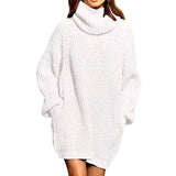 Patcute oversized long sleeve turtleneck knitted sweater for women Solid white pullover Fashion double pocket sweater dress