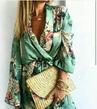 Patcute  green floral print satin kimono kaftan women bikini cover up vintage long sleeve autumn robe vestidos boho beach blouses