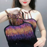 Patcute  Summer Halter Strapless Women Bling Sequin Rhinestone Crystal Tassels Basic Shirt Lady Elastic Slim Pullover Blouse Tops