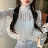 Patcute  Two Pieces Set Shirt +Tank Spring Women Lace Bottoming Blouse Beading Mesh Shirt Female Lantern Sleeve Blouses Short Tops AB2094