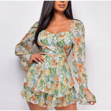 Patcute   Summer Women Jumpsuits Long Sleeve Lace Up Ruffles Floral Print Rompers Female Playsuits  Square Collar Outfits