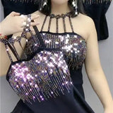 Patcute  Summer Halter Strapless Women Bling Sequin Rhinestone Crystal Tassels Basic Shirt Lady Elastic Slim Pullover Blouse Tops