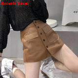 Patcute  Leather Skirt Shorts For Women  Korean Harajuku High Waist Pocket Single Breasted  A-line Pants Lady White Casual Skorts