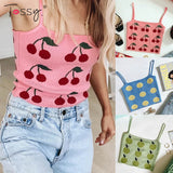 Patcute Y2K Knit Cami Tops For Women Spaghetti Strap Vest Corset Summer Streetwear Tank Top E-girl Cute Cherry Cropped Camisole