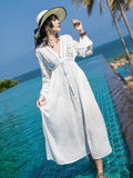 Patcute long sleeve beach cover dresses vintage lace white summer dress sexy deep v neck long women dress boho Bohemia vestidos