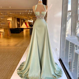 Patcute Arabic Green Mermaid Evening Dress 2021 Elegant Sleeveless Halter Neck Soft Satin Beading Prom Dresses Long Party Gown