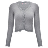 Patcute V-Neck Lace Patchwork Sexy Crop Top Women T Shirts Knitted Slim Tee Tops Button Grey T-shirt Autumn Thin Long Sleeve Casual