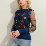 Patcute  New Embroidery Floral Sheer Mesh Sleeve Blouse Shirts Women Spring Patchwork Pullovers Elegant Sexy See Through Tops