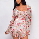 Patcute   Summer Women Jumpsuits Long Sleeve Lace Up Ruffles Floral Print Rompers Female Playsuits  Square Collar Outfits