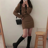 Patcute  Sexy Solid Knitted Mini Dress Women Two Piece Set Skinny Dresses and Long Sleeve Knitted Cardigan Harajuku Dress Vestidos