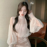 Patcute  Two Pieces Set Shirt +Tank Spring Women Lace Bottoming Blouse Beading Mesh Shirt Female Lantern Sleeve Blouses Short Tops AB2094