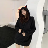 HOUZHOU Cat Ears Hoodie Women Black Kawaii Long Sleeve Autumn Winter Hooded Sweatshirt Gothic Streetwear Loose Casual Clothes