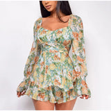 Patcute   Summer Women Jumpsuits Long Sleeve Lace Up Ruffles Floral Print Rompers Female Playsuits  Square Collar Outfits