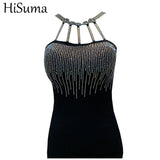 Patcute  Summer Halter Strapless Women Bling Sequin Rhinestone Crystal Tassels Basic Shirt Lady Elastic Slim Pullover Blouse Tops