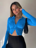 Patcute  Slim Ruched Ladies Sparkle Shirts Women Sexy Fashion Clothing Button Up Collar Glitter Shirt Long Sleeve Cropped Top