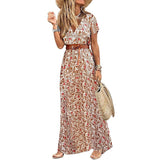 Patcute Womens Long Dress Summer V-neck Boho Belted Maxi Dress Casual Sexy Party Dress Ladies Bohemian Beach Holiday Sundress