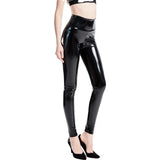 Patcute   Push Up Women Black Leggings High Waist Elastic PU Leather Skinny Pants Shiny Wet Look Metallic Latex Ankle-Length Bottom