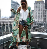 Patcute  green floral print satin kimono kaftan women bikini cover up vintage long sleeve autumn robe vestidos boho beach blouses