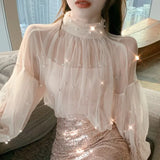 Patcute  Two Pieces Set Shirt +Tank Spring Women Lace Bottoming Blouse Beading Mesh Shirt Female Lantern Sleeve Blouses Short Tops AB2094