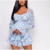 Patcute   Summer Women Jumpsuits Long Sleeve Lace Up Ruffles Floral Print Rompers Female Playsuits  Square Collar Outfits