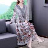 Patcute New 2024 Women's Summer Runway  Embroidered Long Dress Ladies V-neck Lantern Sleeve Mesh Vintage Party Dress