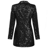 Patcute  High Quality Fashion Designer Blazer Women Double Lion Buttons Shawl Collar Glitter Sequined Long Runway Black Blazers